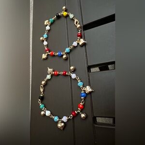 Lot of 2: gold and colored crystals heart and ball charm bracelet